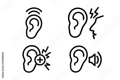 Otitis icon vector set for ear inflammation and infection. Hearing loss and tinnitus concept. Audiology and ENT medical symbols for earache, pain, and deafness. Health care logo.