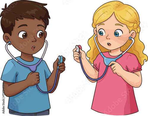 Children playing with stethoscopes, boy and girl doctor roleplay, learning through pretend play, healthcare fun, pediatric education activity.