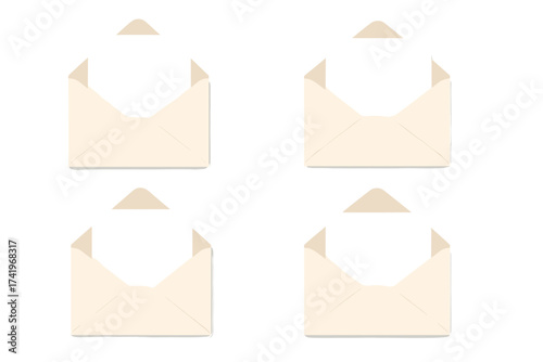 Open envelope with blank paper letter set. Mail vector illustration. Message icon. Empty note card template for correspondence, invitation or announcement. Post mockup isolated.