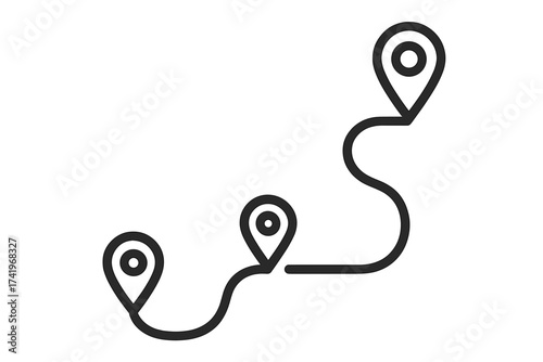 Route line with pin pointers. Location journey, destination path, roadmap with map markers. Winding road infographic, travel distance, business way. Vector icon illustration.