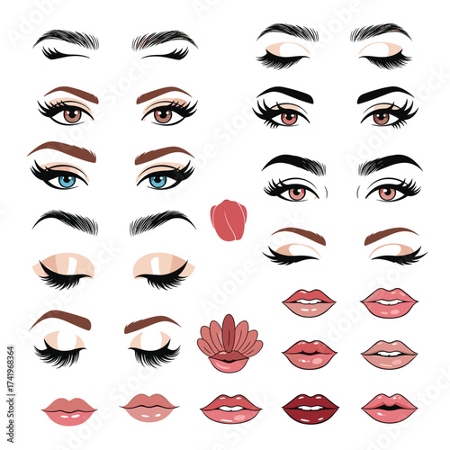 Collection of beautifully illustrated eyes and lips for makeup inspiration.