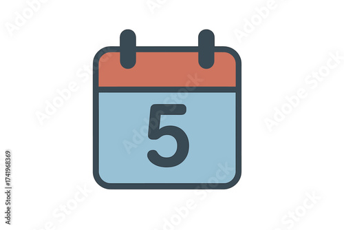 Calendar icon with number 5. Symbol for the fifth day of the month. Represents date, schedule, appointment, reminder, deadline, agenda, event, planner, and organizer. Flat vector design for web.