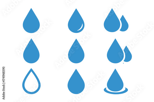 Water drop icon vector set. Blue liquid droplet symbol collection. Aqua, rain, oil, or tear drip illustration. Clean water, nature, and environment concept design element.