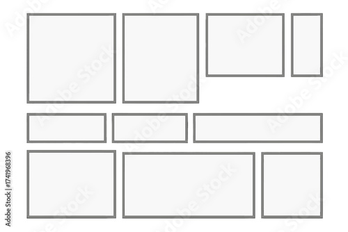 Photo collage grid template for mood board or portfolio. Set of empty frames for pictures. Vector illustration layout with transparent background. Wall gallery mockup design.