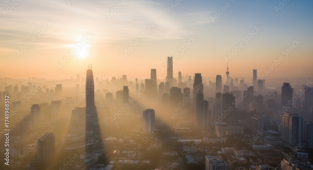 Fototapeta premium Sunrise over a hazy city skyline featuring a distinct towering building casting a long shadow Golden sun rays illuminate the dense urban landscape