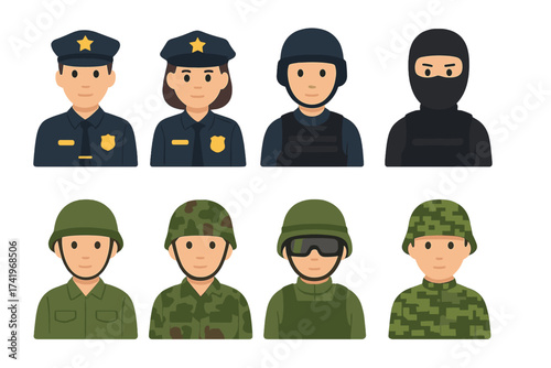 Police, army, special forces vector icon set. Male and female officers, military soldiers in camouflage. Law enforcement and defense character avatars. Swat team member.
