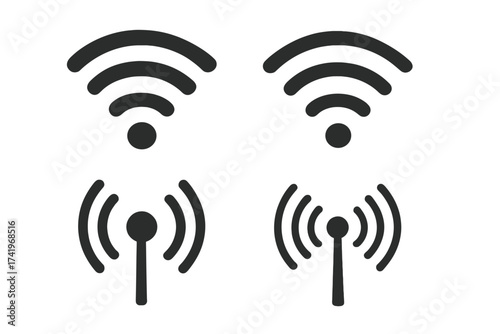 Wi-Fi wireless connection symbol vector icon set. Internet network signal strength indicator. Flat glyph pictogram for UI design. Antenna broadcast, hotspot, radio wave logo.