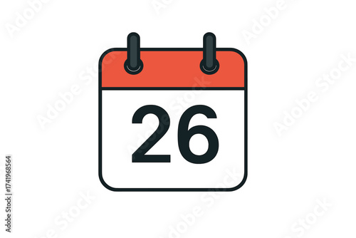 Calendar icon with date 26. Twenty-sixth day of the month. Event schedule, appointment reminder. Business planner, office organizer symbol. Vector illustration for web, app.