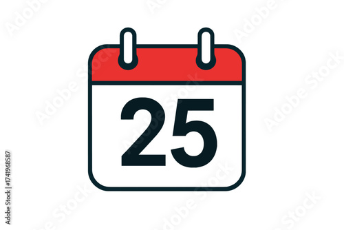 Day 25 calendar icon. Date and schedule symbol. Appointment, event reminder, and deadline concept. Time management and business planning. Flat vector graphic illustration.