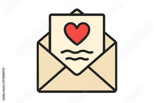 Romantic love letter in open envelope with red heart. Valentine's Day greeting card. Vector illustration for romance, anniversary, wedding invitation. I love you message.