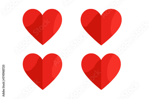 Set of red paper hearts vector illustration. Love symbol for Valentine's day. Folded papercraft design with 3d effect and shadow. Romance, passion, emotion icon collection.