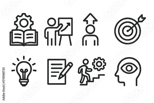 Personal Growth and Development Vector Icon Set for Motivation, Learning, Training, Goal Achievement, Creativity, Planning, Idea, Vision, Success, Self-Improvement, Improvement Skills, Progress Steps