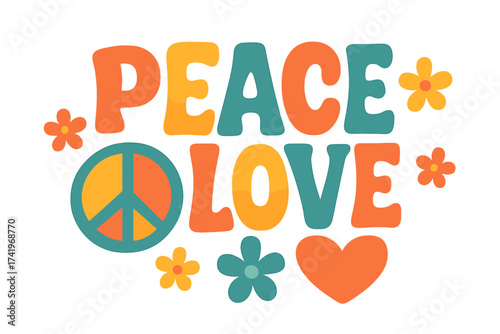 Peace and love groovy slogan. Retro 70s hippie lettering. Vintage positive quote with peace symbol, heart and flowers. Psychedelic 60s flower power vector graphic design.