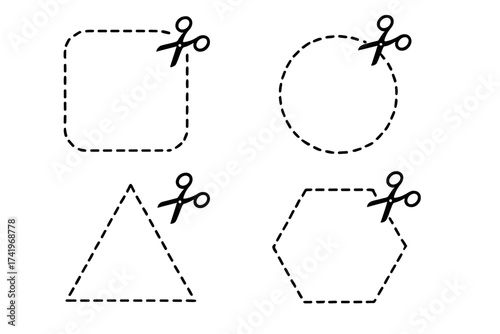 Scissors cutting coupon border with dashed line. Cut out template shape icon set. Vector for discount voucher, sale tag or craft activity. Circle, square, triangle element.