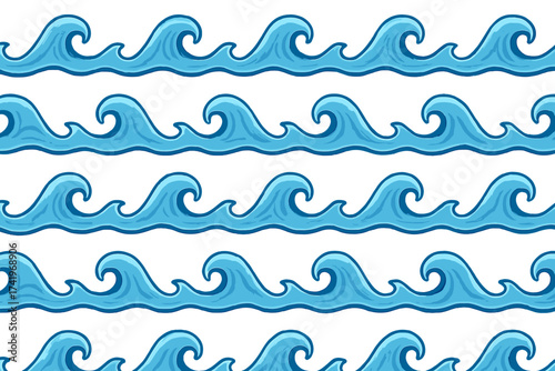 Sea waves seamless pattern vector. Blue water wave line background banner illustration. Ocean surf decorative element. Repetitive aquatic nature texture for design and print.