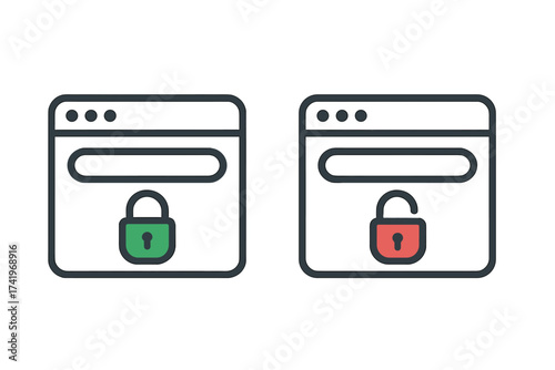 HTTPS secure and HTTP insecure website connection vector icon set. Browser with green locked and red unlocked padlock. SSL certificate for data privacy and internet safety.