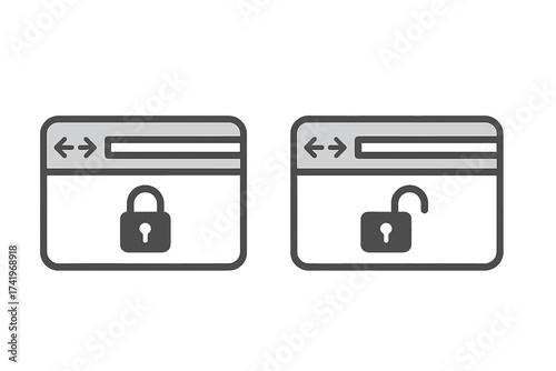 Website security icon set. Secure and insecure browser connection. HTTP and HTTPS protocol. Padlock symbol for ssl certificate and internet safety. Data privacy protection.