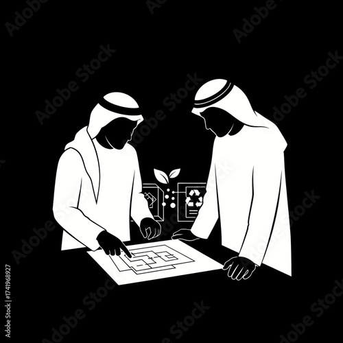 Two Arab men discussing a sustainable project plan with environmental symbols.