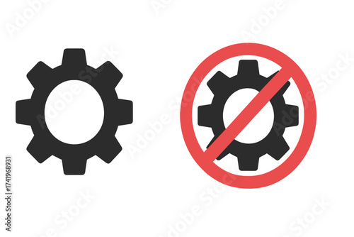 Settings icon and no settings sign. Gear and forbidden cog symbol for configuration, options, preferences. Prohibited, not allowed, unavailable vector icon set isolated.