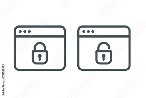 Website security icon set. Browser with secure SSL and unsecure HTTP connection. Padlock symbol for https and data protection. Cyber safety and privacy vector concept.