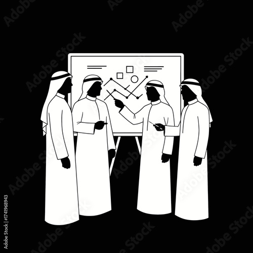 Arab businessmen discussing a business plan in a meeting.