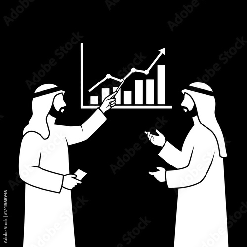 Two Arab men discussing a business graph presentation in a meeting.