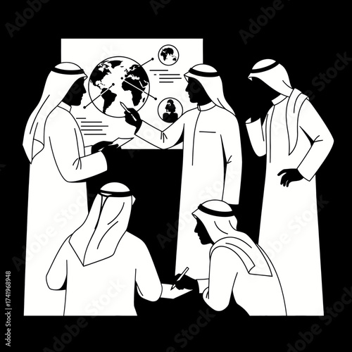 Arab business people discussing global strategy and planning.