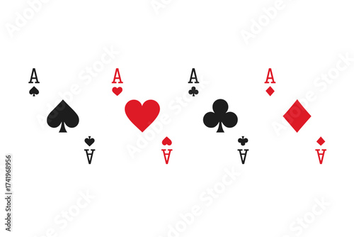 Four aces playing cards vector illustration. Poker hand, four of a kind. Casino gambling and gaming concept. Hearts, spades, diamonds, clubs suits. Luck, win, jackpot. Isolated.