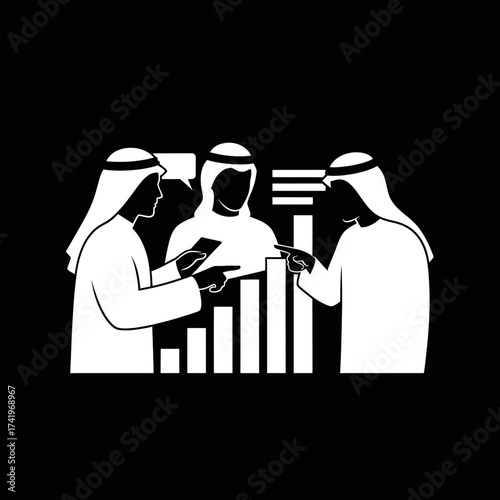 Arab businessmen discussing financial data and business growth strategy.