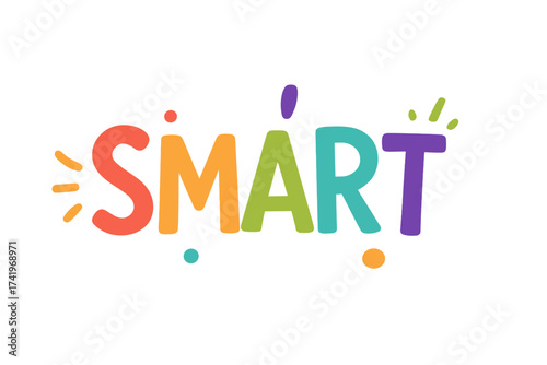 Smart word colorful typography vector illustration. Fun hand-drawn lettering for education, kids, and learning. Creative text design. Intelligence and knowledge concept.