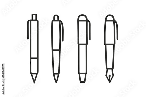 Simple pen icon set isolated on white background. Ball pen, fountain pen, and marker line art collection. Vector illustration of writing and drawing tools for office supplies.