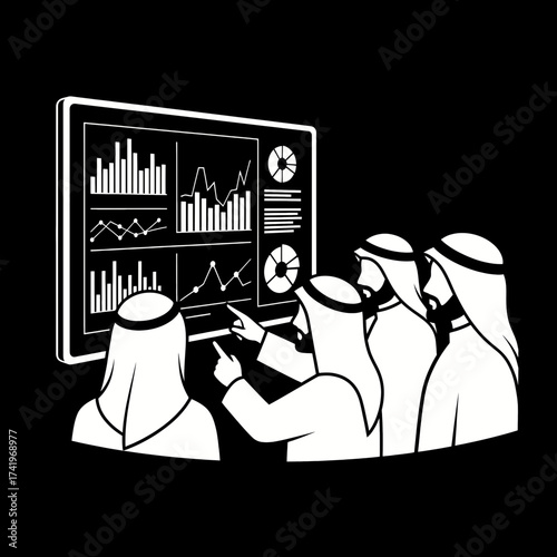 Arabian business people analyzing financial data on a screen.