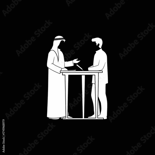 Two men in white robes are discussing at a table.