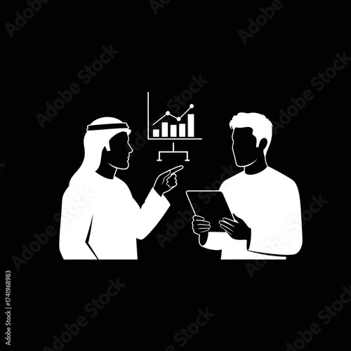 Two men discussing business data analysis and financial reports.