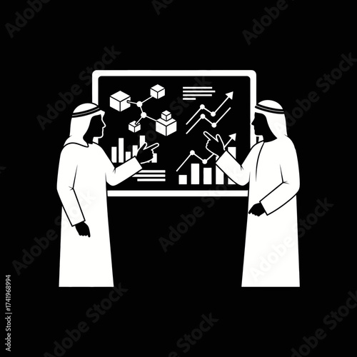 Two Arab men in traditional attire presenting business data on a board.