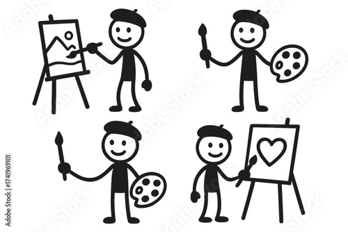 Stickman artist character set. Stick figure painter with easel, paintbrush, and palette. Concept of creativity, art school, hobby, drawing. Vector love and art icon collection.