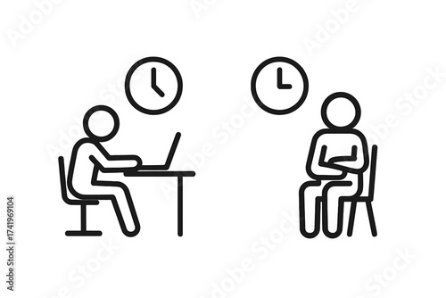 Stick figure icon set. Man working on laptop at desk, deadline pressure. Person waiting for appointment in waiting room. Time management, business, patience vector concept.