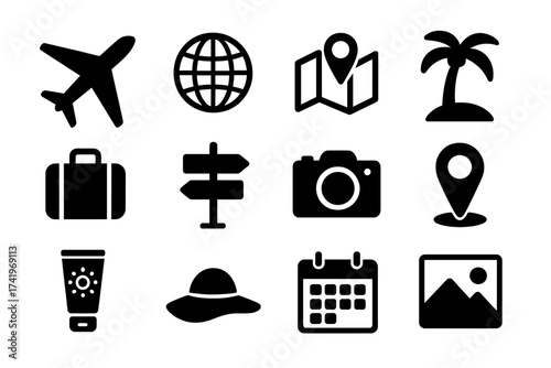Travel icon set vector glyphs. Holiday vacation symbols. Summer trip tourism journey concepts. Airplane flight, globe, map, destination, palm tree, luggage, camera, hat.
