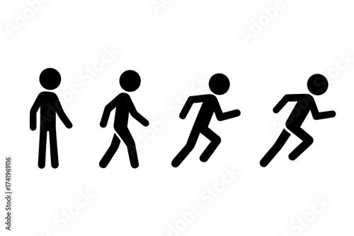 Stickman stand, walk, run, sprint icon set. Vector illustration of a stick figure in different motion phases. Human person pictogram symbol of movement, speed, and progress.