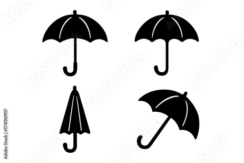 Umbrella vector icon set. Black silhouette collection of open and closed parasols. Weather protection symbol for rain or sun. Isolated graphic element for design. Simple flat illustration.