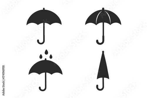 Umbrella vector icon collection. Black silhouette symbol for weather. Open, closed, with rain drops. Keep dry sign. Parasol graphic element for design. Simple flat pictogram.