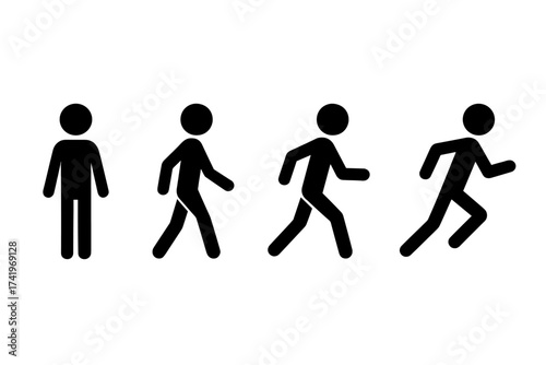 Stickman or stick figure icon set showing movement progression. Vector illustration of a person standing, walking, running, and sprinting. Human action sequence or animation phases.