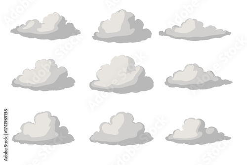 Set of realistic white clouds vector illustration. Fluffy cumulus cloud collection isolated on transparent background. Sky, weather, atmosphere design element pack for graphic design.
