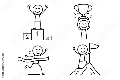 Winner stickman doodle icon set. Vector illustration of success, achievement, victory. Champion on podium, character with trophy, runner at finish line, reaching goal on mountain top.