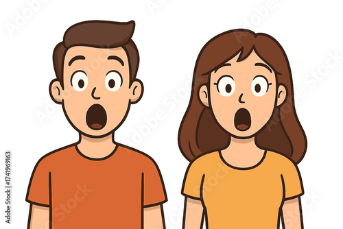 Shocked face expression vector character illustration. Man and woman surprised with open mouth. Amazed couple with OMG reaction. Astonished people cartoon portrait concept.