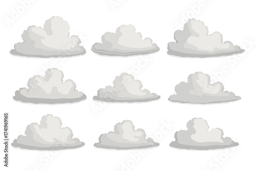 Set of white realistic cloud vector illustrations isolated on a transparent background. Collection of different fluffy cumulus clouds. Puffy smoke or vapor shapes for weather.