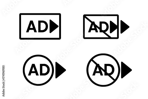 Skip Ad button vector icon set. UI elements for avoiding advertisement on video platforms. Ad-block symbol for digital marketing. Isolated on a transparent background.