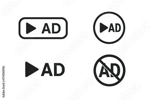 Skip ad button icon set. Avoid advertisement symbol collection. Vector illustration for adblock or no ads concept. Play button for video advertising. UI element for user interface.