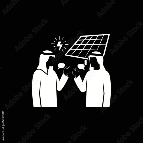 Two men in traditional attire discussing solar energy.