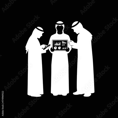 Arab Businessmen Analyzing KPI Data on Tablet Device.